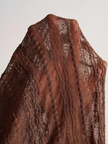 Bohemela Women Casual Solid Color Knitted V-Neck Contrast Lace Long Sleeve Blouse, For Autumn' Brown Lace Top Brown Long Sleeve Top Brown Button Down Top