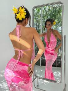 Aloruh مجموعة سيدات صيف مكونة من كامي بطبعة زهرية وياقة خطافية وتنورة ماكسي مكسرة الحافة، مثيرة