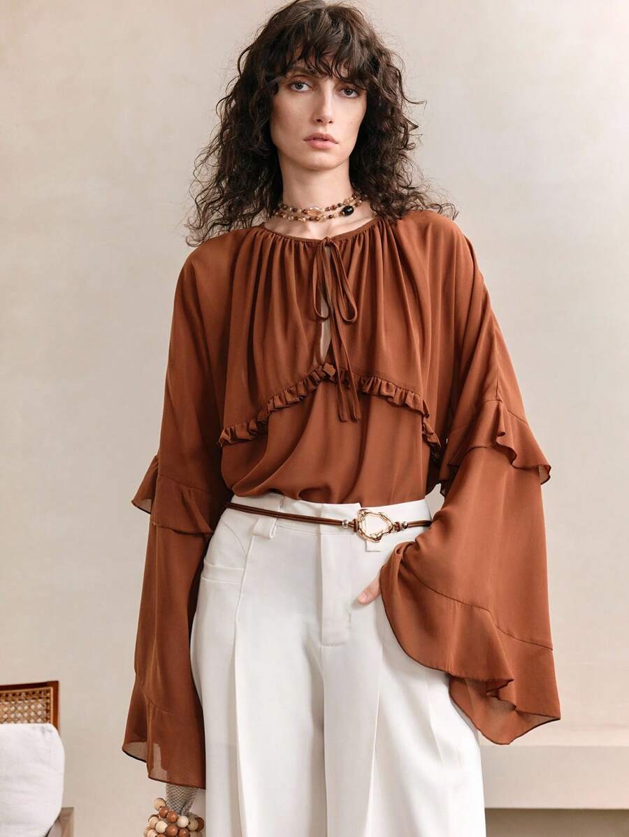 Arave Women's Autumn Loose Collar Button-Down Ruffled Shirt Elegant Ruffled Chiffon Long-Sleeved Top, Retro Decadent Style Women's Shirt  Holiday Dress Vacation Outfits Woman Western Wear Women Hawaii Outfits Women Fall Cloth For Women