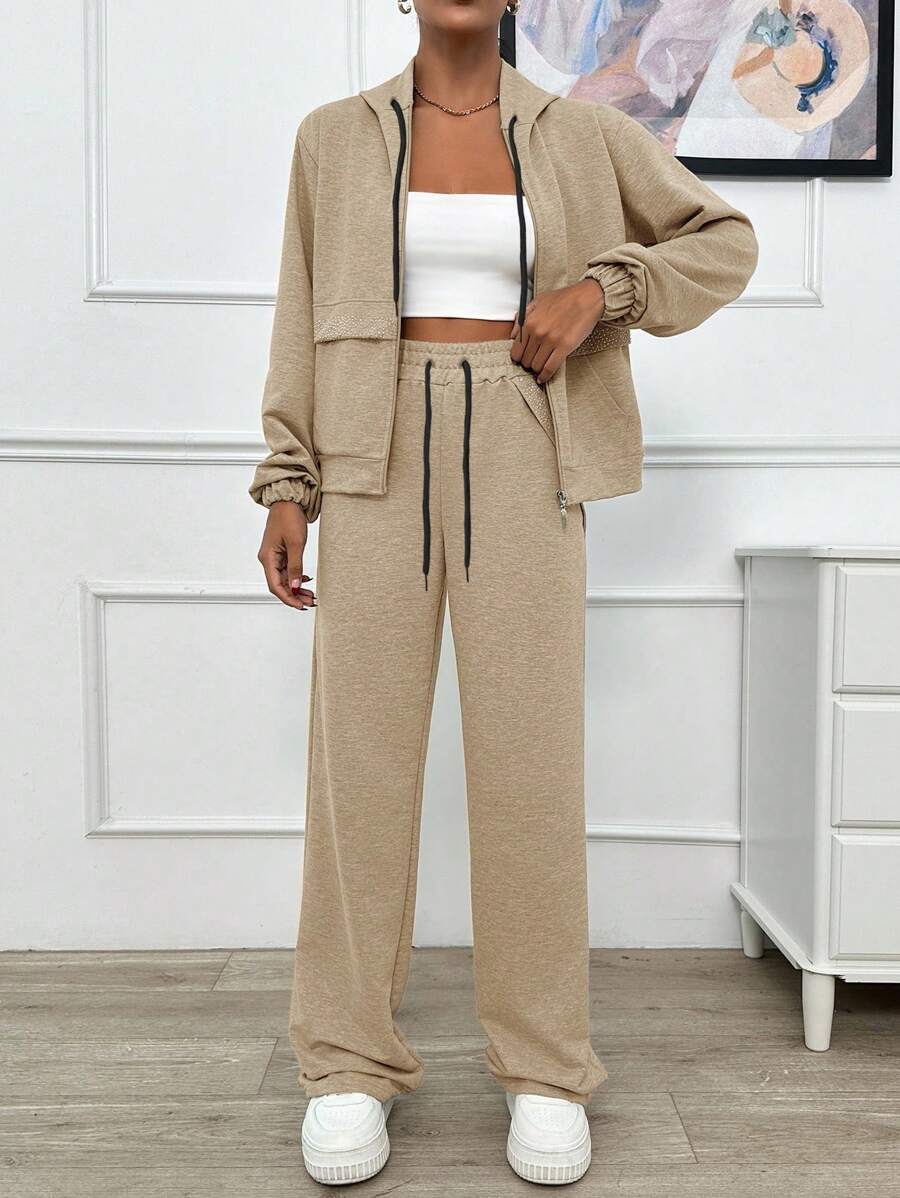 EURMUSE TWO PIECES TWO THREAD LIGHT GREY HOODIE SWEATSHIRT AND SWEATPANT WITH SPARKLE STONE DETAIL - Beige - View 1