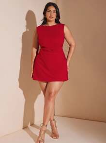 SHEIN BAE Christmas Plus Size Women's Red Ruched Mini Dress, Elegant Beach Vacation Dress For Spring/Summer,Edding Guest Dress Women,Birthday Dresses For Women,Going Out Outfits