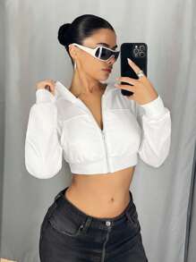 Sweetina Women Sexy Crop Hooded Zip-Up Sweatshirt, Spring/Autumn Casual Long Sleeve Hooded Sweatshirt With Pockets