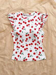 Soleia WYWH Vacation Ruffle Trim Ribbed White Knit Tee Cherry Shirt Cherry Top Cute Summer Tops Fruit Shirt Cute Short Sleeve Tops - Multicolor - View 4