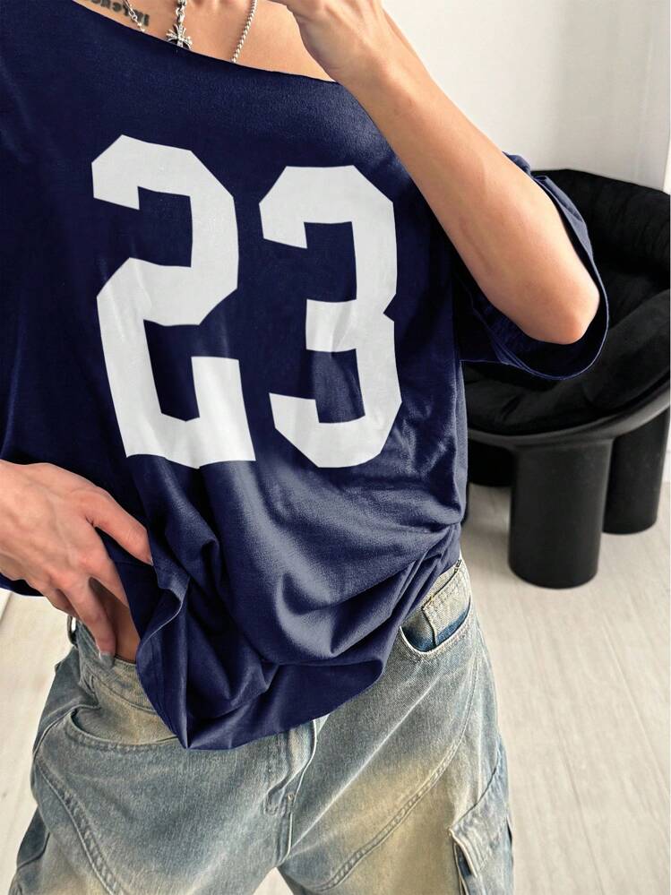 SHEIN HypeZone Plus Size Loose 23 Graphic Oblique Shoulder T-Shirt Graphic Tees Women Tops - Navy Blue - View 4