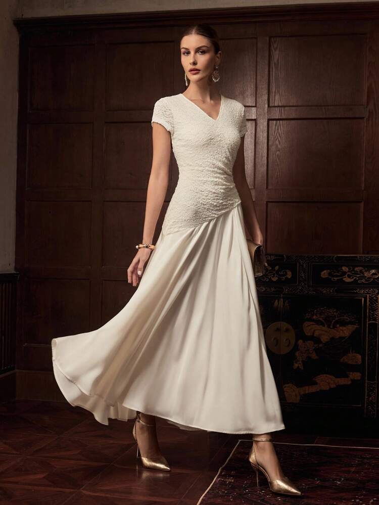 ZEYLAH V-NECK SHORT SLEEVE PATCHWORK LONG ELEGANT DRESS, EARLY AUTUMN
