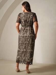 Anewsta Đầm ren dài vừa phải tay ngắn cổ chữ V thắt eo cỡ lớn cho nữ - xanh quân đội - Xem 7