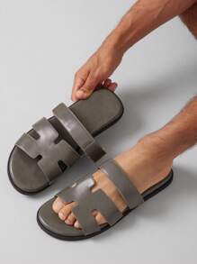 SHUZIA 男士优质油面 PU 灰色 H 型镂空可调节系带拖鞋 - 奢华舒适街头服饰，游艇俱乐部必备 - 灰色 - 查看 3