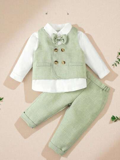 3pcs/Set Baby Boys Gentleman Party Outfit - Bow Tie Shirt, Double-Breasted Vest, Pants, & Elegant, Suitable For Birthday Party, Wedding, Ceremonies