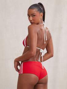 NYA SZN 女士两件套泳衣比基尼短款露肩运动条纹沙滩度假红色泳装套装 - 紅白色 - 查看 2