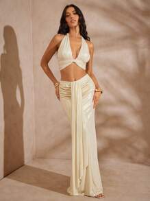 Hauture 性感夏日假期锡箔液体凝胶腰带褶饰美人鱼长裙 - 杏色 - 查看 4