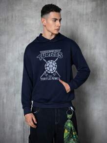 TEENAGE MUTANT NINJA TURTLES | SHEIN Men's Letter & Cartoon Graphic Pocket Hooded Long Sleeve Sweatshirt - Navy Blue - View 3