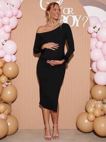 Loomaby Casual Solid Color Asymmetric Neckline Fitted Maternity Dress,Gender Reveal Dress,Maternity Dress,Baby Shower Dress