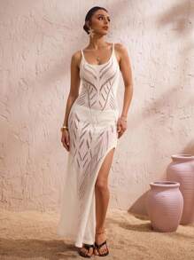 Swim Vcay 全新春假风格纯色欧美度假沙滩罩衫钩针镂空设计女式连衣裙，节日波西米亚风