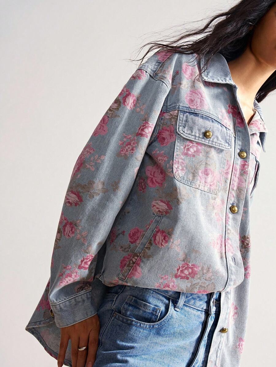 Bohemela 复古乡村风格玫瑰印花女式牛仔夹克