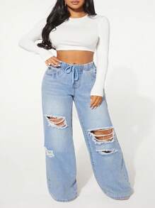 SHEIN SXY Plus Size Distressed Denim Jeans, Fashionable For Summer - Blue - View 5