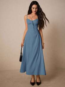 Poéselle 女士优雅纯色吊带长裙 - 藍色 - 查看 7