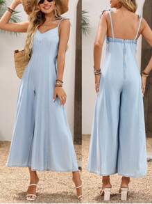 Breezaya 女式夏季休闲阔腿牛仔连体裤 - 淺色水洗藍 - 查看 1