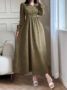 Feyla Đầm dài tay đèn lồng màu trơn thanh lịch cho nữ - màu xanh lá - Xem 2