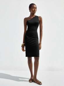 Maija 2025秋季现代都市不对称露背开衩黑色中长连衣裙，适合春夏复古音乐节派对，都市通勤，优雅复古风格，女士办公室穿着 - 黑色 - 查看 2