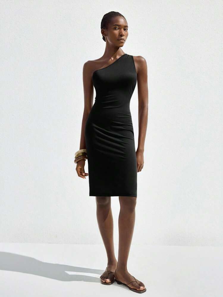 SHEIN Maija 2025 Autumn Modern City Asymmetric Backless Slit Black Mid-Length Dress, Suitable For Spring/Summer Retro Music Festival Party, Urban Commute, Elegant Vintage Style, Office Wear For Women, Christmas Women's Clothing