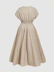 SHEIN MOD 大码女式V领短袖杏色连衣裙，优雅亚麻连衣裙，大地色系连衣裙，米色连衣裙，闪亮连衣裙，毕业礼服，商务休闲女装，乡村音乐会服装 - 杏色 - 查看 4