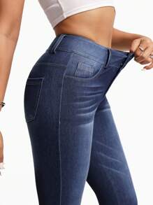 Flexra Quần jean nữ cạp cao, có túi, dáng ôm, kiểu dáng thường ngày, dài đến 3/4, chất liệu denim. - Rửa tối - Xem 4