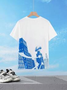 SUPERMAN X SHEIN 青少年男孩休闲卡通英雄和字母图案短袖白色 T 恤，夏季 - 彩色 - 查看 2