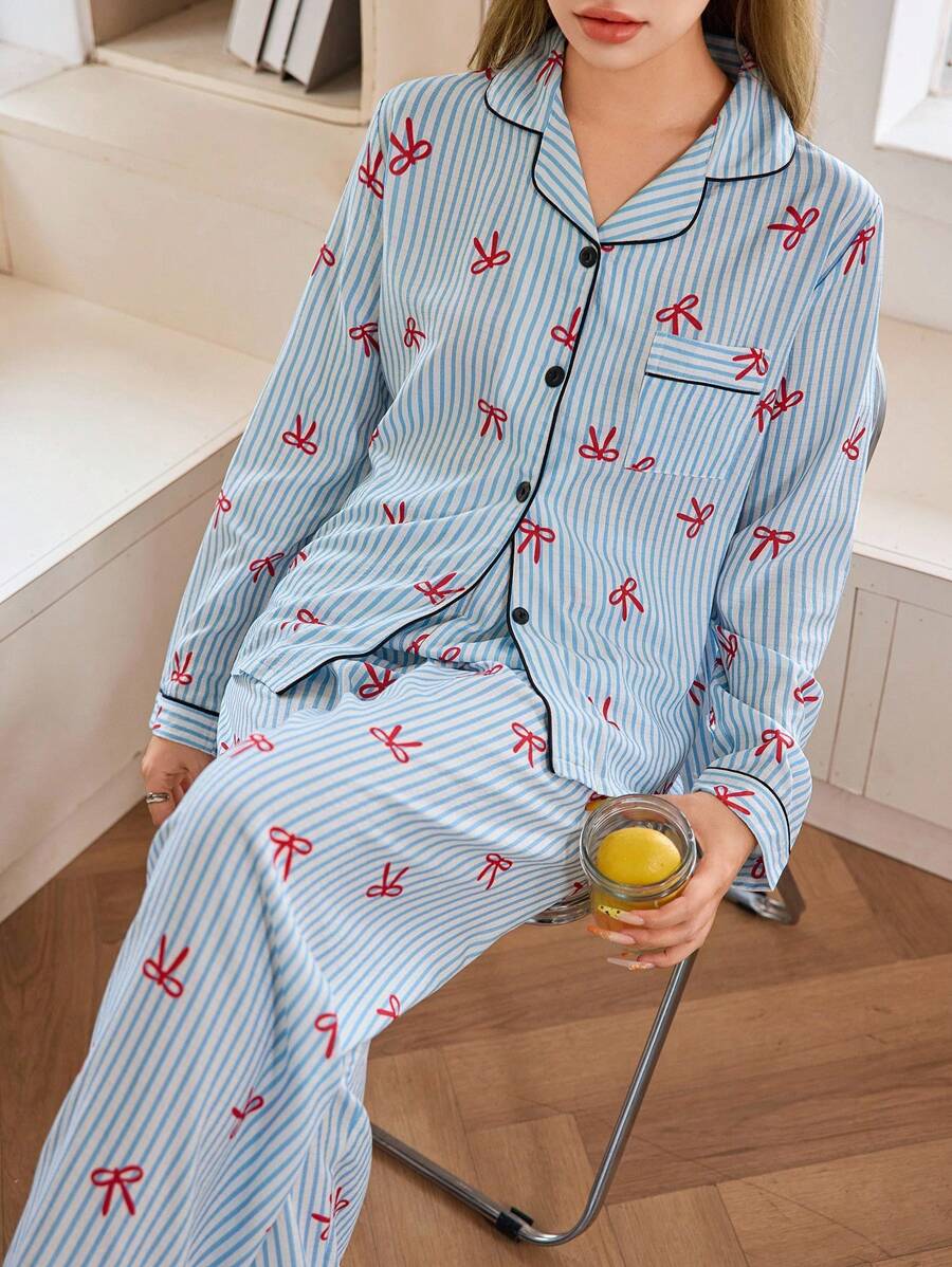 Dream Adore Set pigiama da donna con stampa a righe, fiocco e bavero, maniche lunghe, colore blu, abbigliamento autunnale - Multicolore - Visualizzare 1