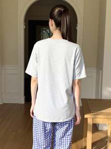 2 件套青少年女孩卡通狗图案短袖上衣和格子裤睡衣套装，夏季家居服