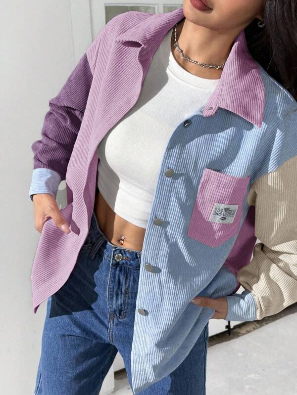 SHEIN EZwear Plus Size Casual Contrast Color Block Long Sleeve Jacket