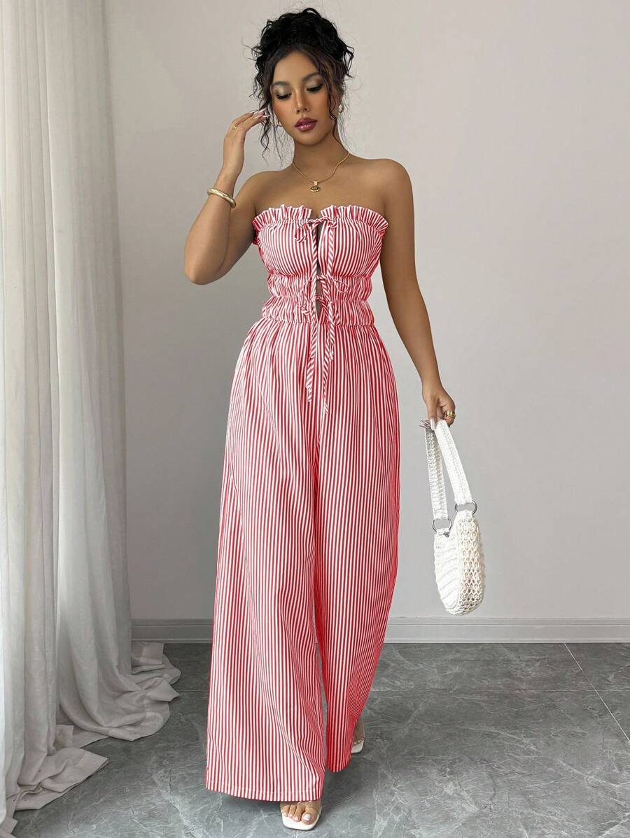 Elenzga Jumpsuit Bandeau Bergaris Kasual Wanita untuk Musim Panas - Merah - View 1