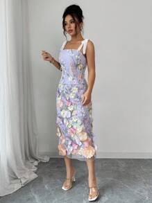 Selianne 2pcs Set: Elegant Tie Front Top With 3D Floral Embroidery And Matching Skirt - Multicolor - View 4