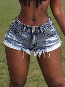 Slaydiva Shorts vaqueros cortos y sexys de talla grande para mujer con dobladillo deshilachado y remaches - Azul - Ver 1