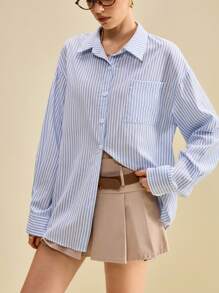 Muvela 2025 秋季新款休闲时尚百搭简约日常蓝色条纹 Y2K 乡村音乐复古街头休闲办公室约会派对郊游机场返校秋季女衬衫 - 彩色 - 查看 4