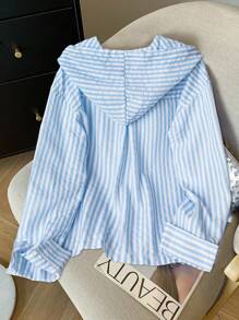 EMERY ROSE Áo sơ mi sọc thanh lịch dành cho nữ, áo nỉ trùm đầu dáng rộng nhẹ cho mùa hè, áo chui đầu thu - Màu xanh lam - Xem 2