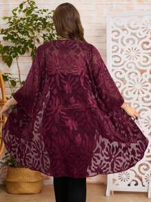EMERY ROSE Plus Size Women Jacquard 3/4 Sleeve Open Front Casual Vacation Jacket - Burgundy - View 2