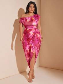 SHEIN BAE 大码女装秋冬时尚优雅约会派对黑色弹力针织舒适褶饰垂坠连衣裙不对称下摆开衩中长连衣裙、毕业礼服、女士生日礼服、粉色连衣裙 - 粉色 - 查看 2