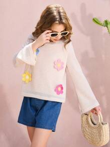 Set de 2 piezas de niña preadolescente con blusa de manga larga con volantes y flores de ganchillo, y pantalones cortos de jean - Albaricoque - Ver 4