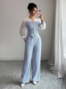 Elenzga Conjunto de 2 piezas con camisa de rayas y pantalones de una sola hilera elegante para dama
