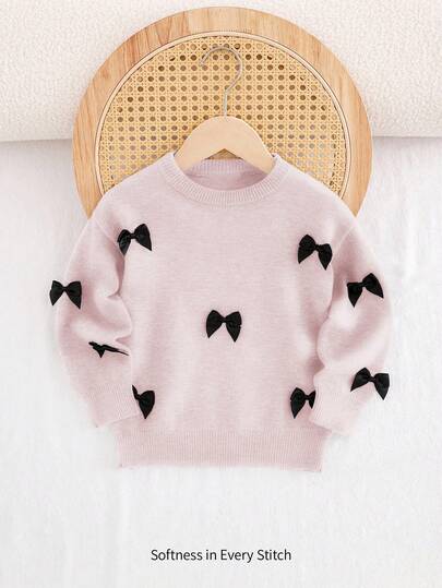 Cozy Pixies 年轻女孩撞色 3D 蝴蝶结圆领蝙蝠袖长袖套头衫，适合秋冬季