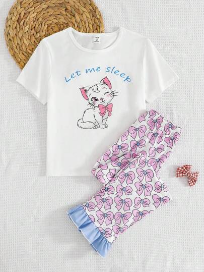 青少年女孩白色短袖可爱猫咪印花上衣，蝴蝶装饰撞色荷叶边短裤睡衣套装，返校时尚