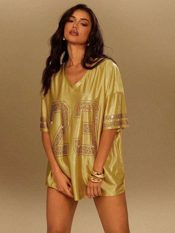 Denimoi 水钻运动超大网眼平纹针织 T 恤