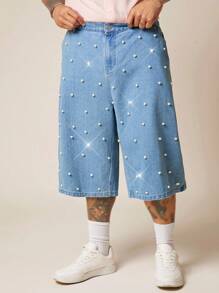 EASEVO Plus Size Men's Pockets Faux Pearl Decor Wide Leg Denim Shorts - Royal Blue - View 4