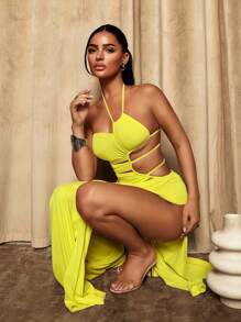 Sirith Váy hở lưng hở lưng dây mảnh gợi cảm thời trang mới, váy dạ hội cao cấp - Màu vàng - Xem 7