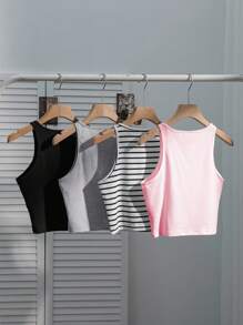 SHEIN EZwear 4件套女士休闲条纹蝴蝶结樱桃印花吊带背心，百搭性感紧身款，适合夏季返校季