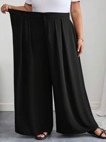 SHEIN CURVE+ 大码曲线/校园服/返校服/返校季大码女装办公室休闲裤，黑色高腰直筒休闲裤，简约时尚，适合日常穿着 - 黑色 - 查看 4