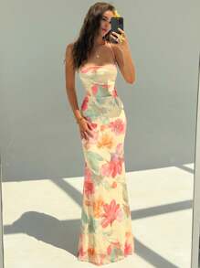 Aloruh Women's Elegant Floral Print Backless Dress Summer Summer Outfits Summer Clothes Beach Outfits For Woman  Beach Vacation Vacation Outfits Woman Boho Tropical Vacation Woman Clothe Tropical Vacation Woman Clothe Wedding Anniversary Bridesmaid Party Date Sexy Wedding Guest Dress Women Bridal Shower Dress White  Elegant Modest Fairycore