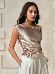 Arave Damen Satin Metall Dekorative Accessoires Plissee asymmetrische Schultern Schräger Kragen Design Tägliche Pendler Exquisite Retro Mode Elegante Vintage Kleidung Frauen Reise Flughafen Top - Grün - Übersicht 6