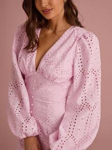 Enchnt Summer/Fall Romantic Women's Pink Floral Hollow Embroidery V-Neck Lantern Sleeve High Slit Maxi Dress - Pink - View 2