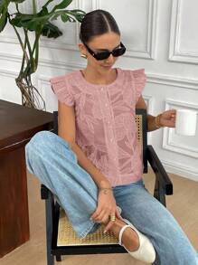 SHEIN Frenchy Blusa de moda con cuello redondo, manga corta y abotonadura sencilla, en tejido jacquard con estampado floral